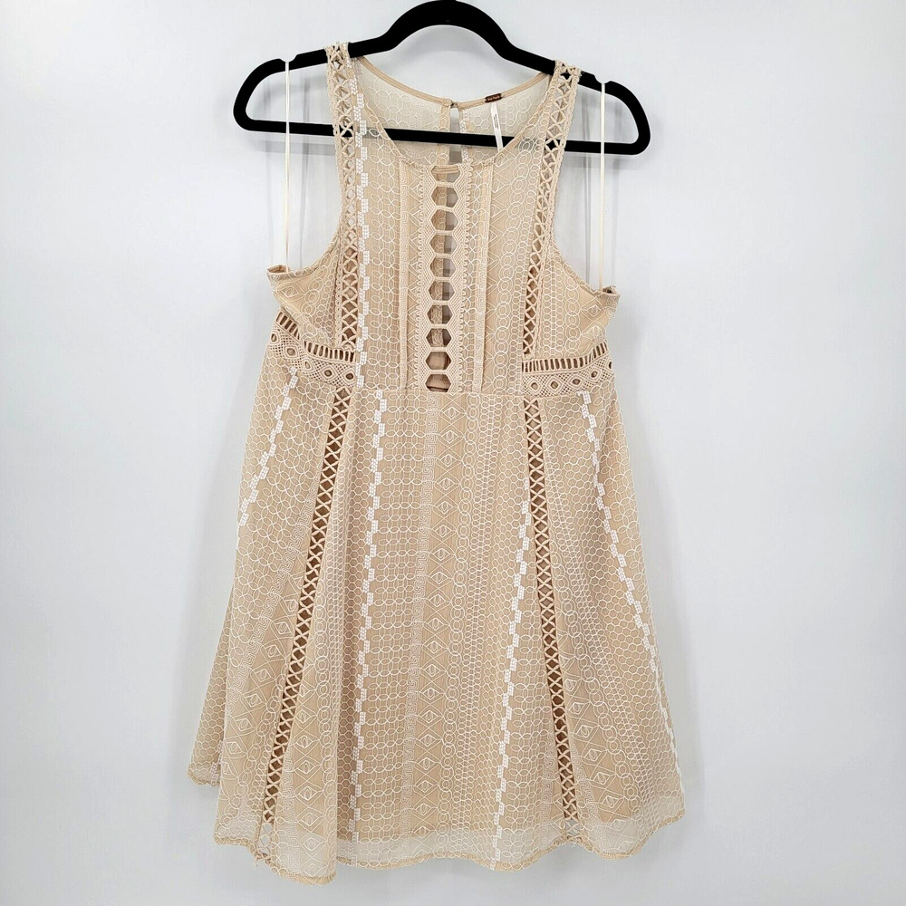 Free People Women's 10 Wherever you go Antique Lace Crochet Cut Out Mini Dress
